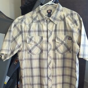 Dickies Men's Casual Plaid Shirt - Cream and Brown
